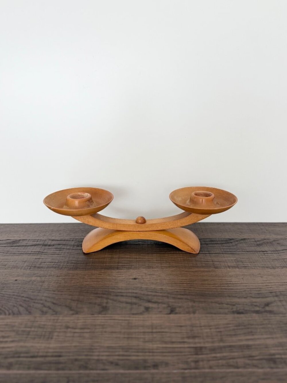 Vintage MCM Wood Double Candle Holder Rotating Base Scandinavian Danish Modern